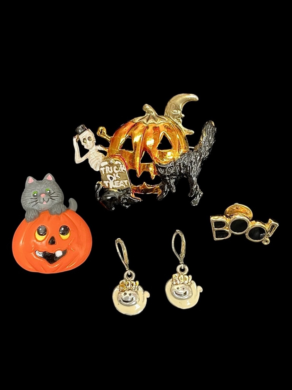Vtg Halloween Jewelry Bundle AJC Skeleton Pumpkin Russ Cat BOO Ghost Earrings